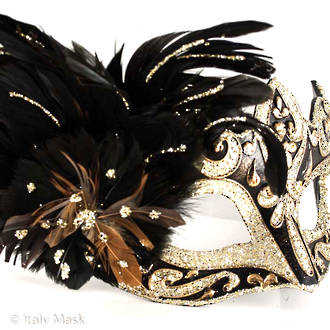 Feather Mask Colombina Vin Gold Black