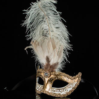 Venetian Masquerade Feather Mask Colombina Ciuffo Sisi Gold White 2