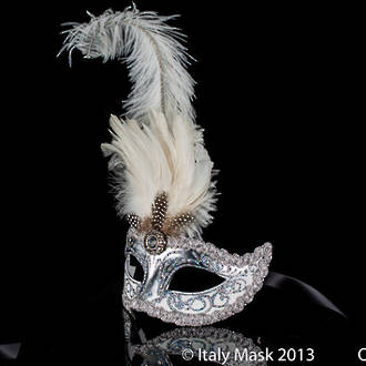 Venetian Feather Mask Colombina Ciuffo Sisi Silver White