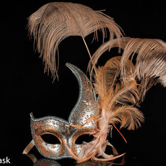 Venetian Masquerade Feather Mask Colombina Ciuffo Cigno Silver Peach