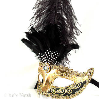 Venetian Masquerade Feather Mask Colombina Ciuffo Sisi Gold Black
