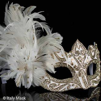 Feather Mask Colombina Vin Gold White
