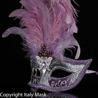 Venetian Masquerade Feather Mask Colombina Ciuffo Sisi Silver Lilac