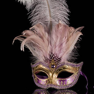 Venetian Feather Mask Colombina Ciuffo Sisi Gold Lilac/Purple