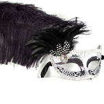 Venetian Masquerade Feather Mask Colombina Ciuffo Can Can Silver Black